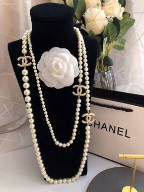Chanel Two-Tier Faux Pearl Gold Crystal CC Logo Long Sautoir Necklace